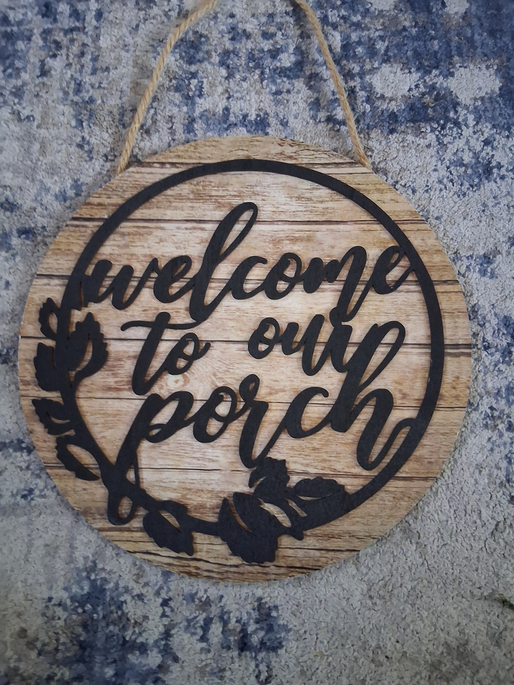 Rustic Black Wood "Welcome to Our Porch" Hanging Sign